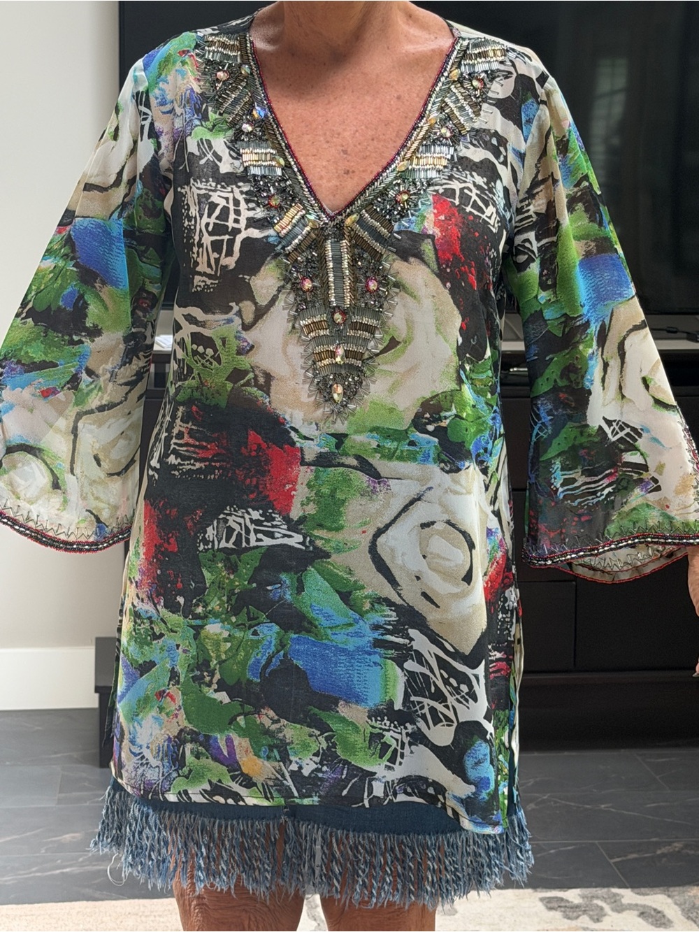 Embellished Floral-Abstract V-Neck Tunic in Blue & Green